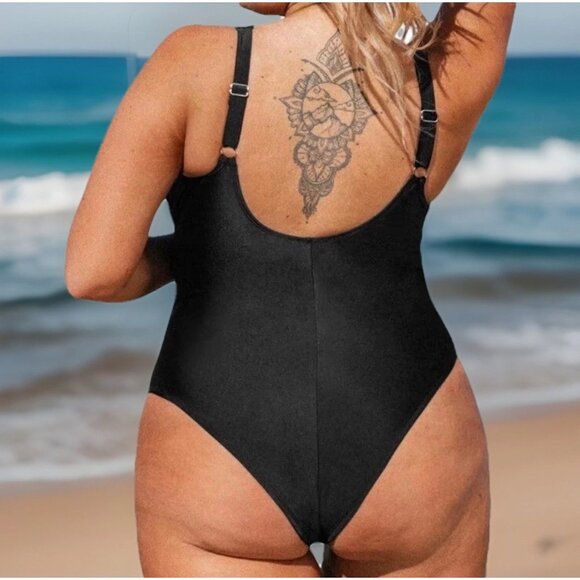 Cupshe Women’s 2X Black One-Piece Swimsuit V-Neck Mesh Sheer Tummy Control - Picture 3 of 9